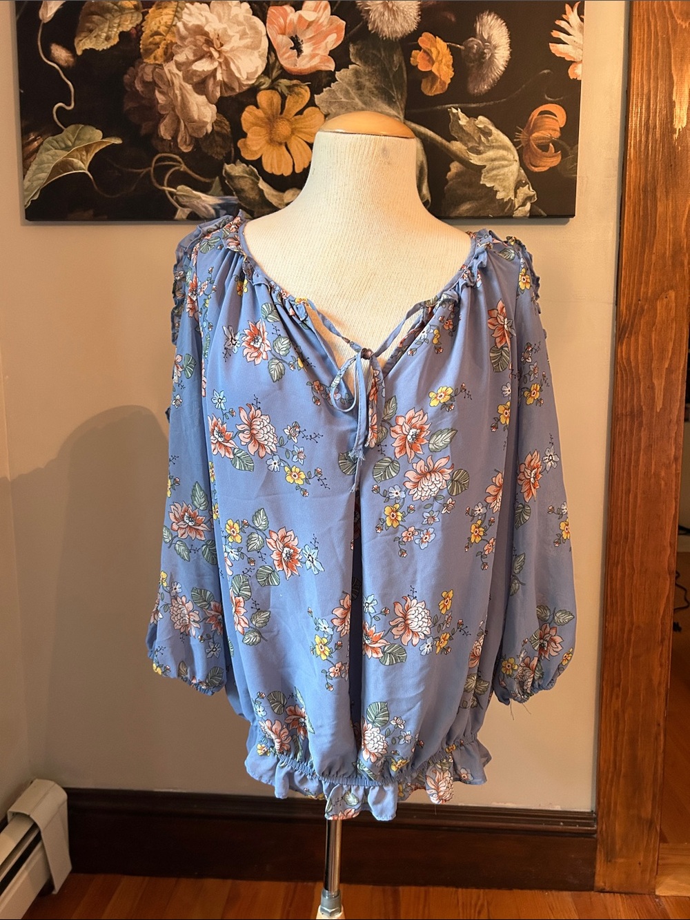 Max Studio Blue Floral Tie-Neck Peasant Blouse